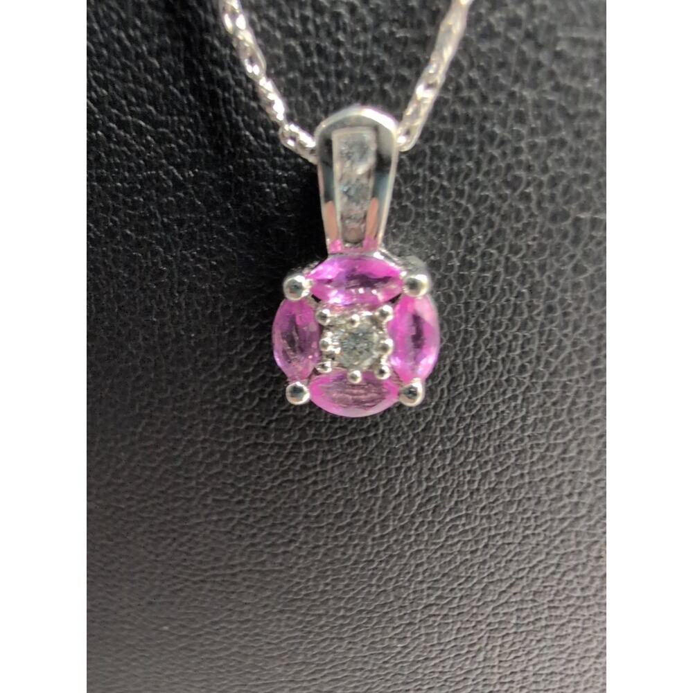 14K White Gold Pink Topaz & Diamond Pendant Necklace 18 Inch